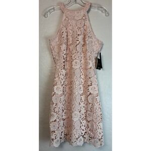 New Lulus Blush Pink Lace Halter Neck Fit Flare Mini Dress Size L 2035